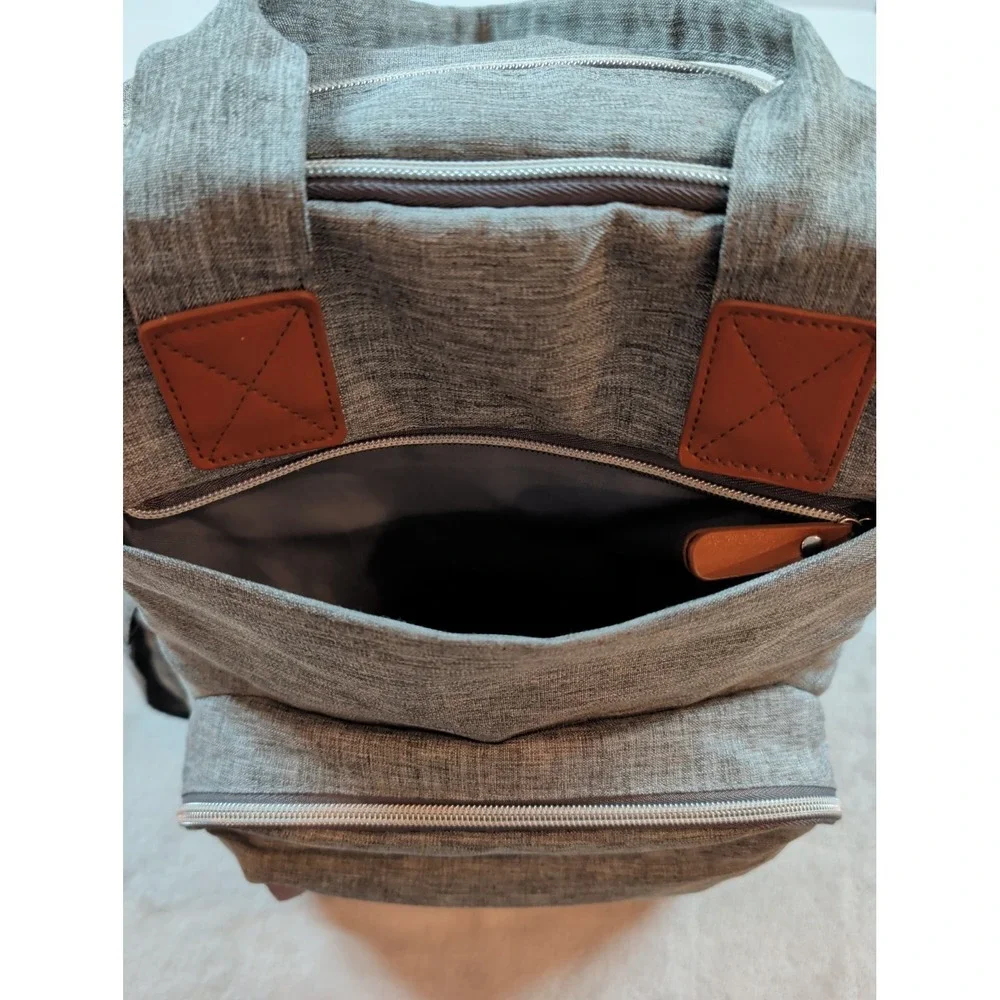 Trend Lab Gray Diaper Bag Backpack‎ Heathered Fabric Brown Trim 178-60771